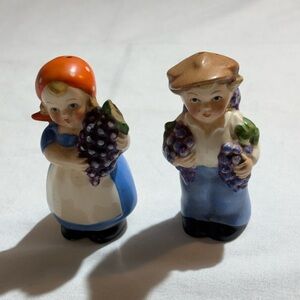 Vintage Hand-Painted Boy and Girl Salt and Pepper Shakers - Blue, Orange, Purple